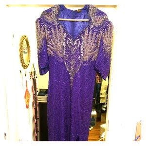 Gold Star full length beaded blue dress (size L)
